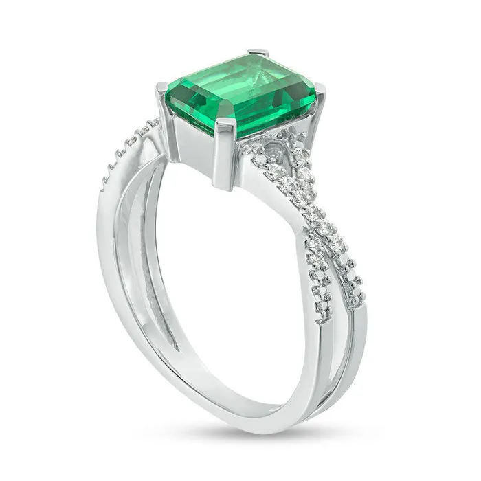 Goldia Rings EmeraldCut LabCreated Emerald and 010 CT TW Diamond CrissCross Split Shank Ring in Solid 10K White Gold Goldia Rings EmeraldCut LabCreated Emerald and 010 CT TW Diamond CrissCross Split Shank Ring in Solid 10K White Gold