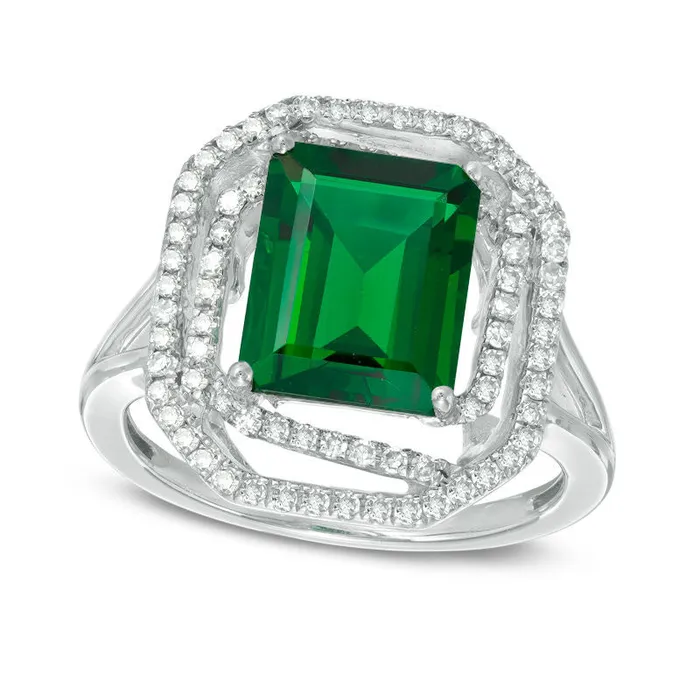 Goldia Rings EmeraldCut LabCreated Emerald and 033 CT TW Diamond Swirl Frame Ring in Sterling Silver Size 7 Goldia Rings EmeraldCut LabCreated Emerald and 033 CT TW Diamond Swirl Frame Ring in Sterling Silver Size 7