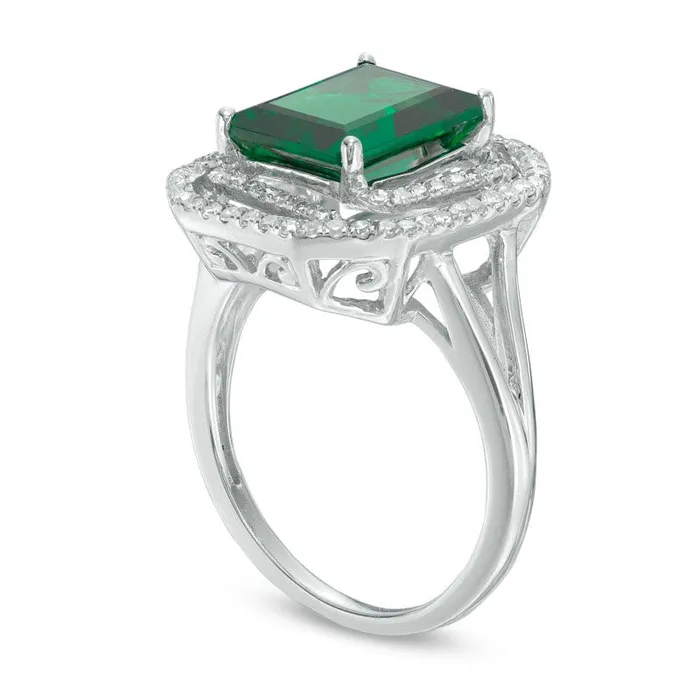 Goldia Rings EmeraldCut LabCreated Emerald and 033 CT TW Diamond Swirl Frame Ring in Sterling Silver Size 7 Goldia Rings EmeraldCut LabCreated Emerald and 033 CT TW Diamond Swirl Frame Ring in Sterling Silver Size 7