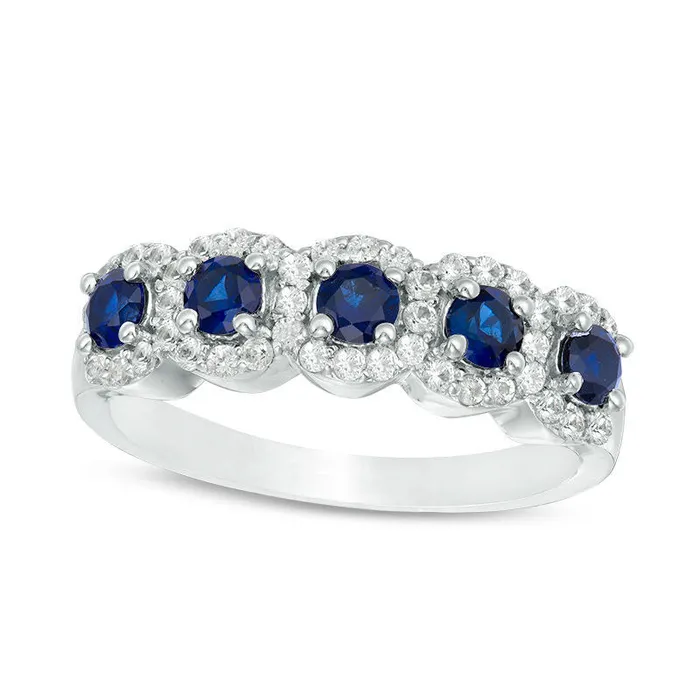 Goldia Rings LabCreated Blue and White Sapphire Frame Five Stone Ring in Sterling Silver Goldia Rings LabCreated Blue and White Sapphire Frame Five Stone Ring in Sterling Silver
