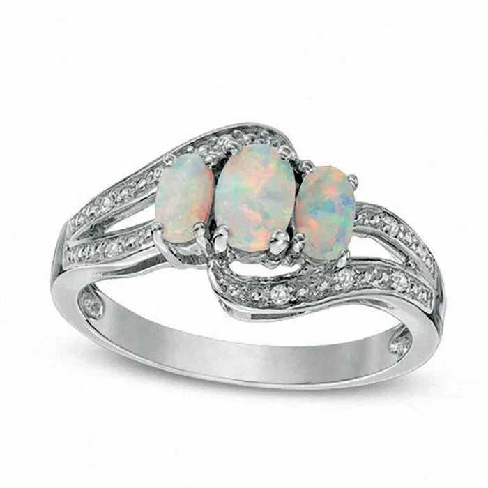 Goldia Rings Oval LabCreated Opal and White Sapphire Three Stone Bypass Ring in Sterling Silver Goldia Rings Oval LabCreated Opal and White Sapphire Three Stone Bypass Ring in Sterling Silver