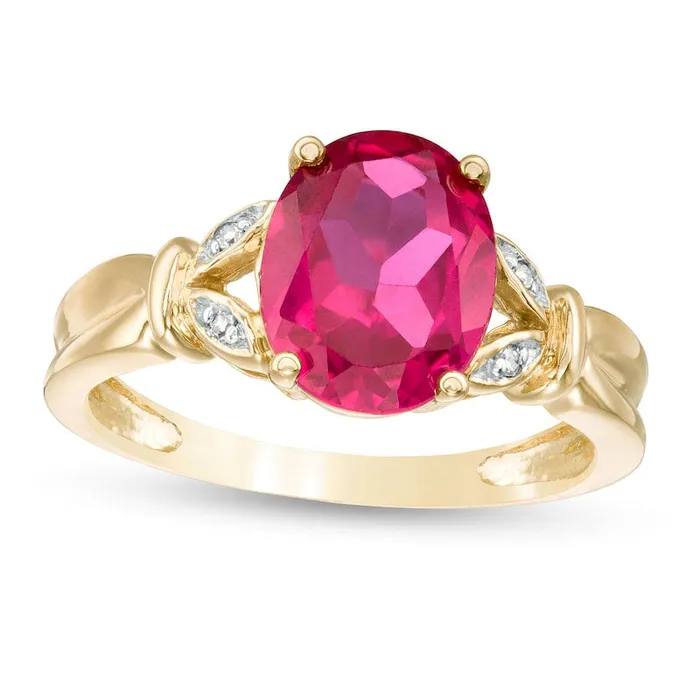 Goldia Rings Oval LabCreated Ruby and Diamond Accent Leaf Split Shank Ring in Solid 10K Yellow Gold Goldia Rings Oval LabCreated Ruby and Diamond Accent Leaf Split Shank Ring in Solid 10K Yellow Gold