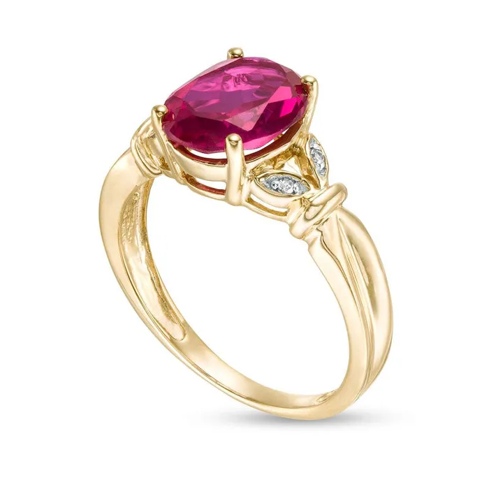Goldia Rings Oval LabCreated Ruby and Diamond Accent Leaf Split Shank Ring in Solid 10K Yellow Gold Goldia Rings Oval LabCreated Ruby and Diamond Accent Leaf Split Shank Ring in Solid 10K Yellow Gold