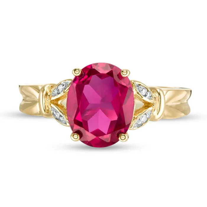 Goldia Rings Oval LabCreated Ruby and Diamond Accent Leaf Split Shank Ring in Solid 10K Yellow Gold Goldia Rings Oval LabCreated Ruby and Diamond Accent Leaf Split Shank Ring in Solid 10K Yellow Gold