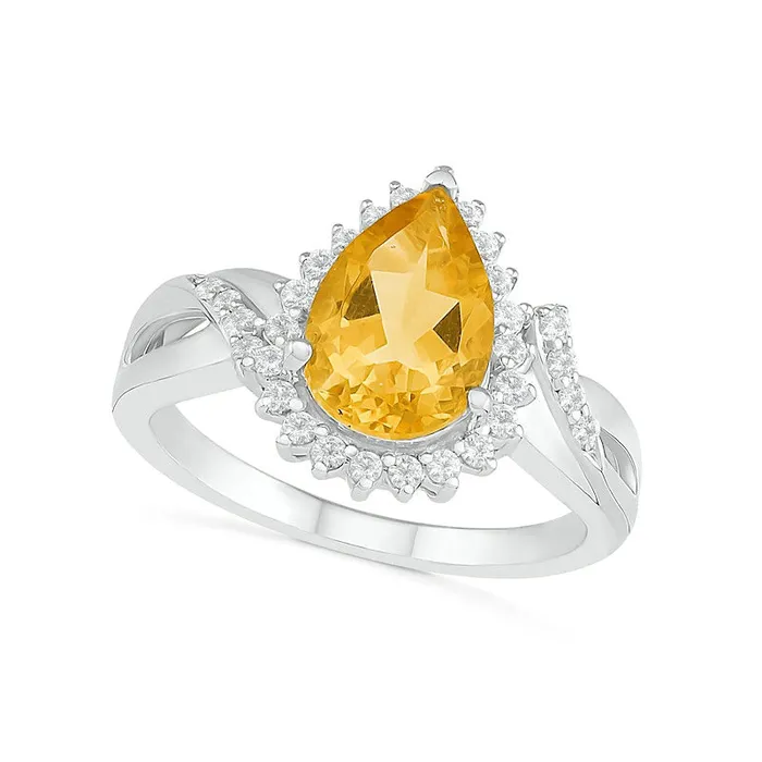 Goldia Rings PearShaped Citrine and White LabCreated Sapphire Starburst Frame Twist Split Shank Ring in Sterling Silver Goldia Rings PearShaped Citrine and White LabCreated Sapphire Starburst Frame Twist Split Shank Ring in Sterling Silver