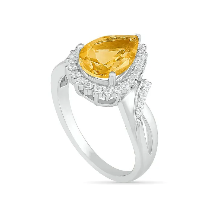 Goldia Rings PearShaped Citrine and White LabCreated Sapphire Starburst Frame Twist Split Shank Ring in Sterling Silver Goldia Rings PearShaped Citrine and White LabCreated Sapphire Starburst Frame Twist Split Shank Ring in Sterling Silver