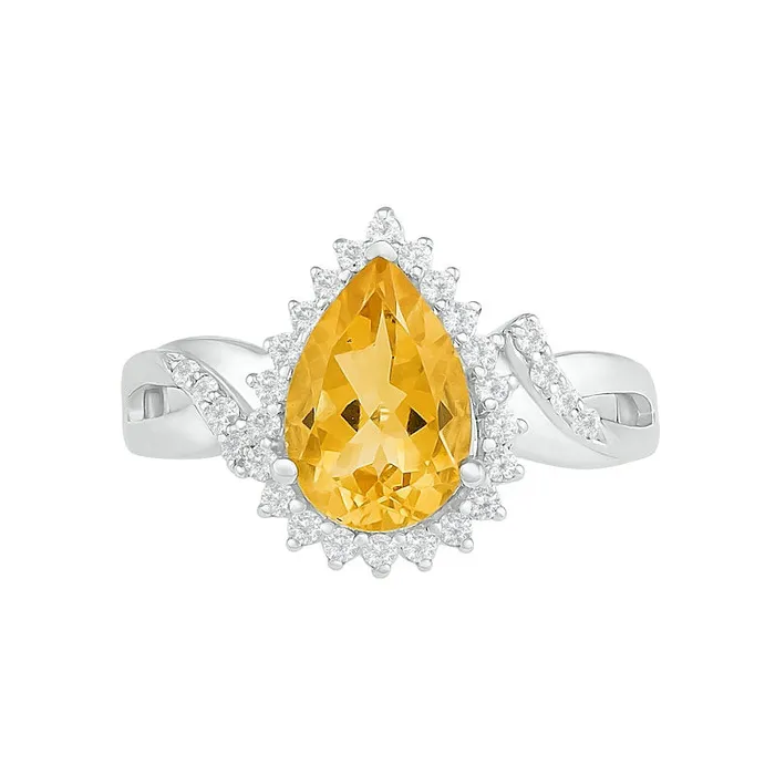 Goldia Rings PearShaped Citrine and White LabCreated Sapphire Starburst Frame Twist Split Shank Ring in Sterling Silver Goldia Rings PearShaped Citrine and White LabCreated Sapphire Starburst Frame Twist Split Shank Ring in Sterling Silver