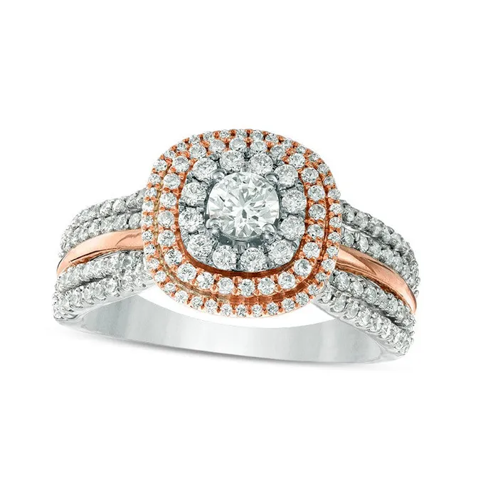 Goldia Rings Previously Owned 10 CT TW Natural Diamond Triple Cushion Frame MultiRow Engagement Ring in Solid 14K TwoTone Gold Goldia Rings Previously Owned 10 CT TW Natural Diamond Triple Cushion Frame MultiRow Engagement Ring in Solid 14K TwoTone Gold