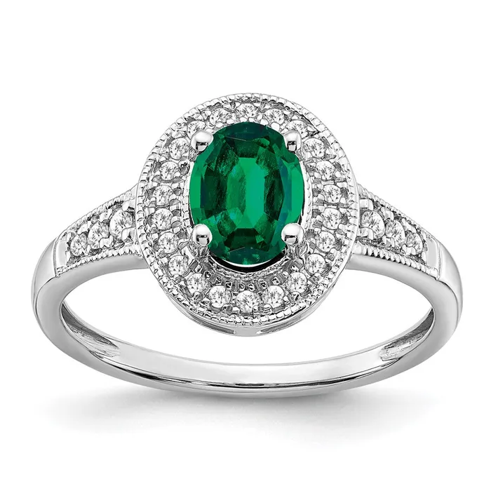 Goldia Rings Solid 14k White Gold Oval Created Simulated Emerald and CZ Halo Ring Goldia Rings Solid 14k White Gold Oval Created Simulated Emerald and CZ Halo Ring