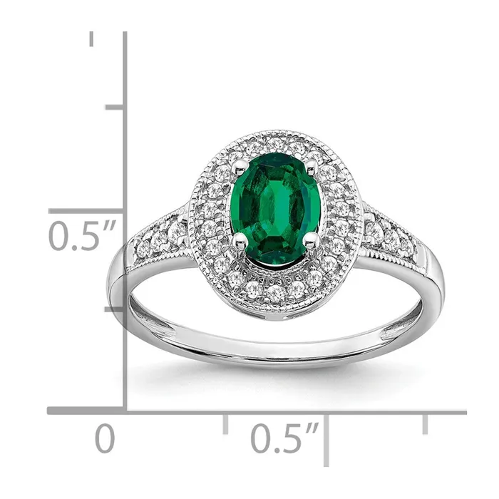 Goldia Rings Solid 14k White Gold Oval Created Simulated Emerald and CZ Halo Ring