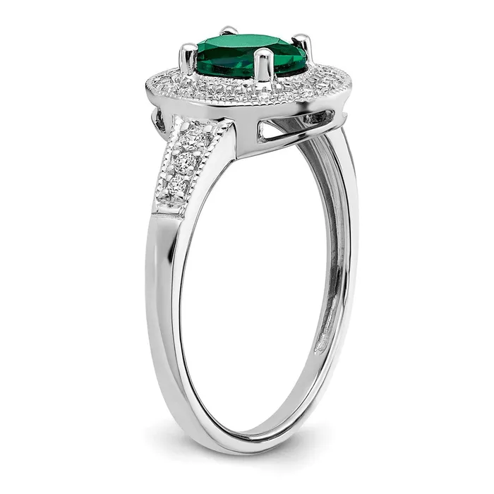 Goldia Rings Solid 14k White Gold Oval Created Simulated Emerald and CZ Halo Ring