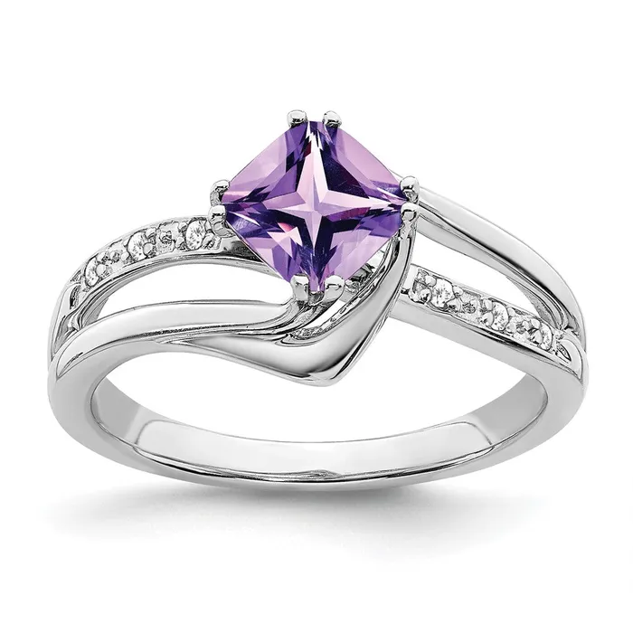 Goldia Rings Solid 14k White Gold Simulated Amethyst and CZ Ring