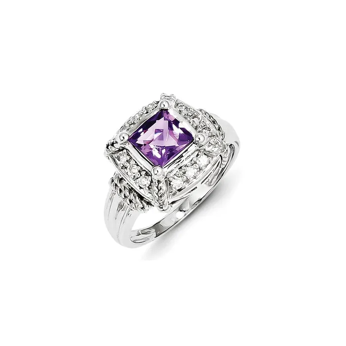 Goldia Rings Sterling Silver Diamond and Amethyst Square Ring