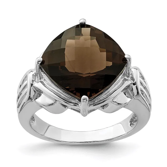 Goldia Rings Sterling Silver Rhodium CheckerCut Smoky Quartz Ring