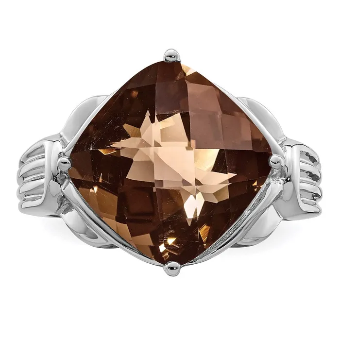 Goldia Rings Sterling Silver Rhodium CheckerCut Smoky Quartz Ring