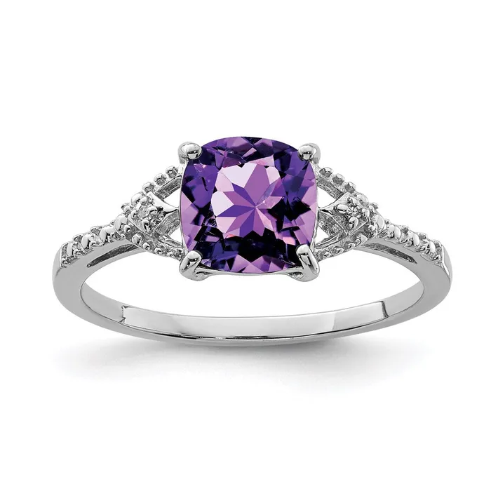 Goldia Rings Sterling Silver Rhodium Plated Diamond and Amethyst Ring