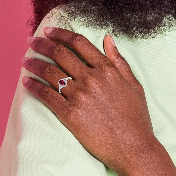 Goldia Solid 14k White Gold Oval Created Simulated Ruby and CZ Ring Rings