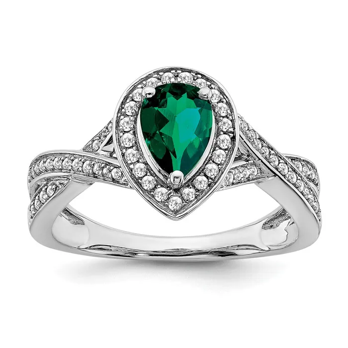 Goldia Solid 14k White Gold Pear Created Simulated Emerald and CZ Halo Ring Rings Goldia Solid 14k White Gold Pear Created Simulated Emerald and CZ Halo Ring Rings