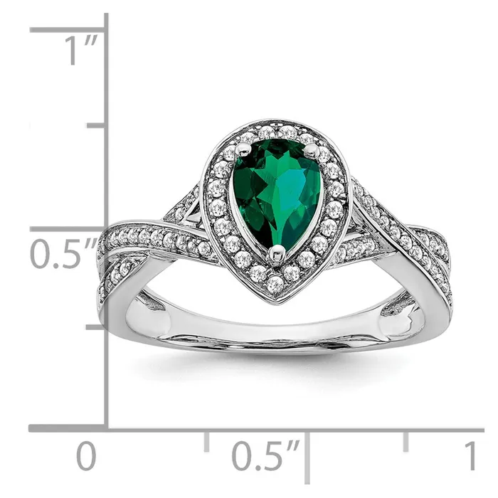 Goldia Solid 14k White Gold Pear Created Simulated Emerald and CZ Halo Ring Rings