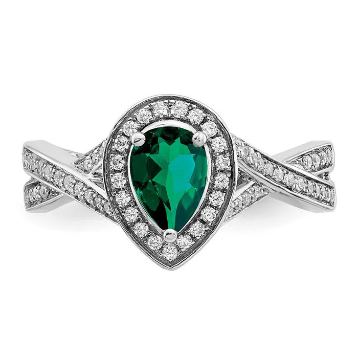 Goldia Solid 14k White Gold Pear Created Simulated Emerald and CZ Halo Ring Rings