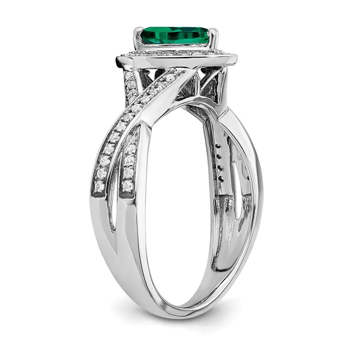 Goldia Solid 14k White Gold Pear Created Simulated Emerald and CZ Halo Ring Rings