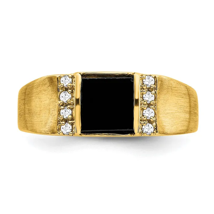 Goldia Solid 14k Yellow Gold Square Simulated Onyx and CZ Mens Ring Rings