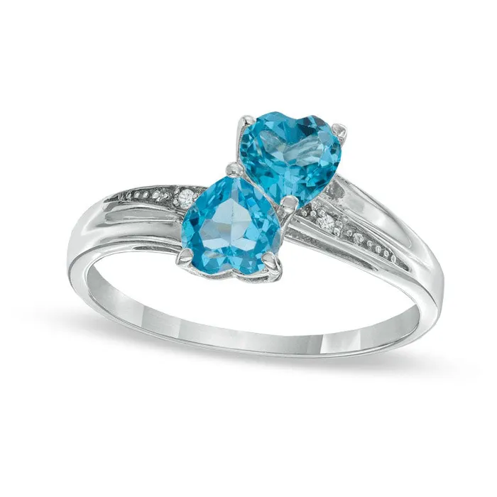 HeartShaped Blue Topaz and Natural Diamond Accent Double Heart Ring in Sterling Silver Goldia Rings HeartShaped Blue Topaz and Natural Diamond Accent Double Heart Ring in Sterling Silver Goldia Rings