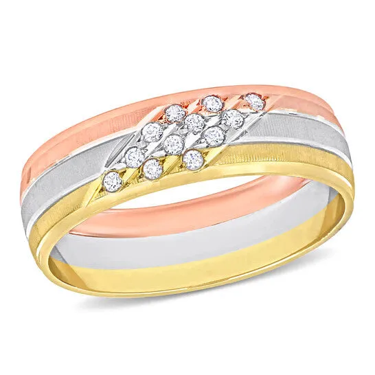 JMS always Original Amour Mens 6mm Cubic Zirconia Matte Three Row Wedding Band in 14k 3Tone Rose Yellow and White Gold Rings JMS always Original Amour Mens 6mm Cubic Zirconia Matte Three Row Wedding Band in 14k 3Tone Rose Yellow and White Gold Rings