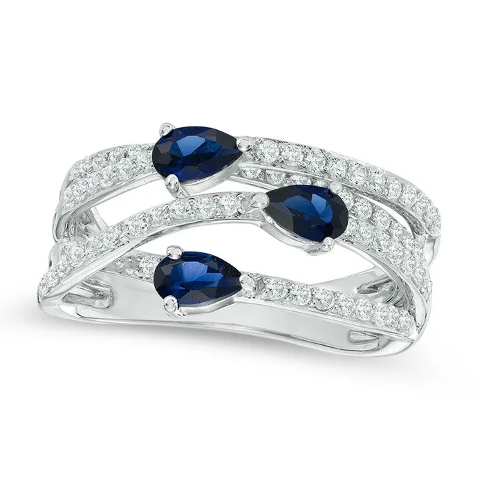 LabCreated Blue and White Sapphire Three Stone Orbit Ring in Sterling Silver Goldia Rings LabCreated Blue and White Sapphire Three Stone Orbit Ring in Sterling Silver Goldia Rings