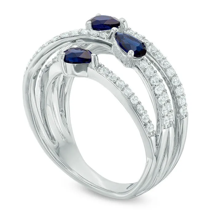 LabCreated Blue and White Sapphire Three Stone Orbit Ring in Sterling Silver Goldia Rings LabCreated Blue and White Sapphire Three Stone Orbit Ring in Sterling Silver Goldia Rings