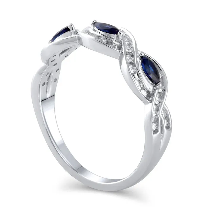 Marquise Blue Sapphire and 020 CT TW Natural Diamond ChannelSet Twist Frame Three Stone Split Shank Ring in Solid 10K White Gold Goldia Rings Marquise Blue Sapphire and 020 CT TW Natural Diamond ChannelSet Twist Frame Three Stone Split Shank Ring in Solid 10K White Gold Goldia Rings