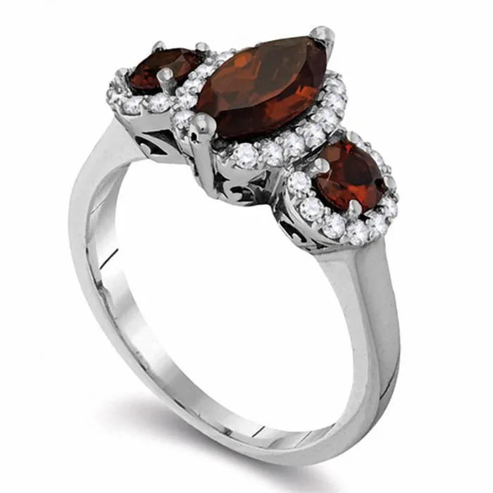 Marquise Garnet and 033 CT TW Natural Diamond Frame Three Stone Ring in Solid 14K White Gold Goldia Rings Marquise Garnet and 033 CT TW Natural Diamond Frame Three Stone Ring in Solid 14K White Gold Goldia Rings