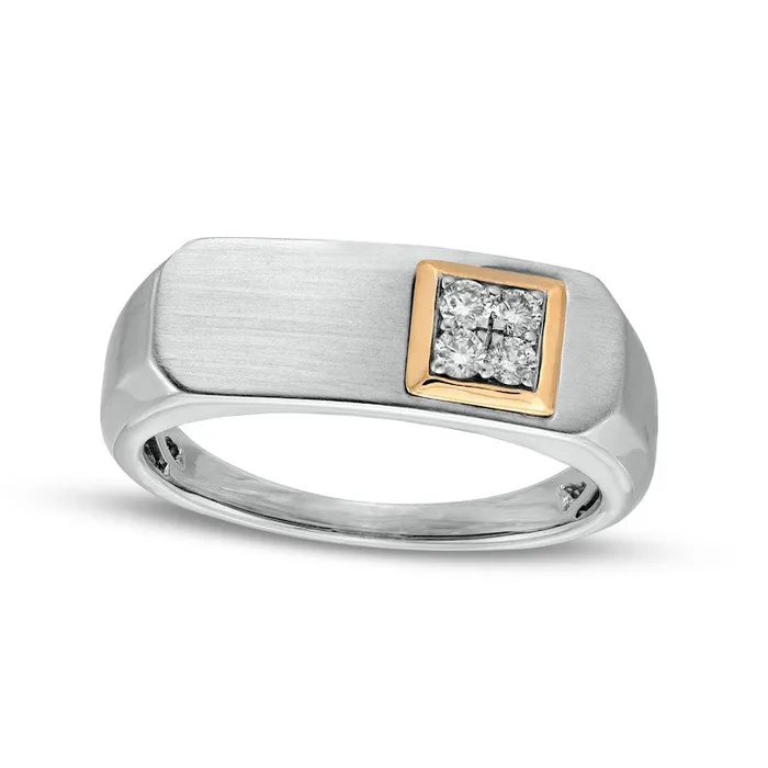 Mens 017 CT TW Quad Natural Diamond MultiFinish Octagon FlatTop Beveled Edge Ring in Solid 10K TwoTone Gold Goldia Rings Mens 017 CT TW Quad Natural Diamond MultiFinish Octagon FlatTop Beveled Edge Ring in Solid 10K TwoTone Gold Goldia Rings