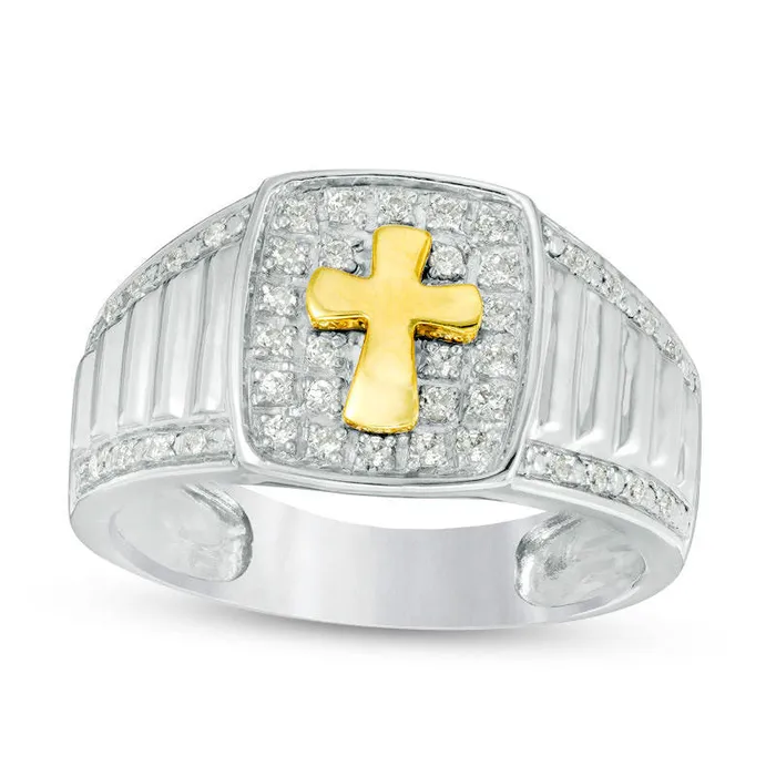 Mens 033 CT TW Natural Diamond Cross Signet Ring in Solid 10K TwoTone Gold Goldia Rings Mens 033 CT TW Natural Diamond Cross Signet Ring in Solid 10K TwoTone Gold Goldia Rings