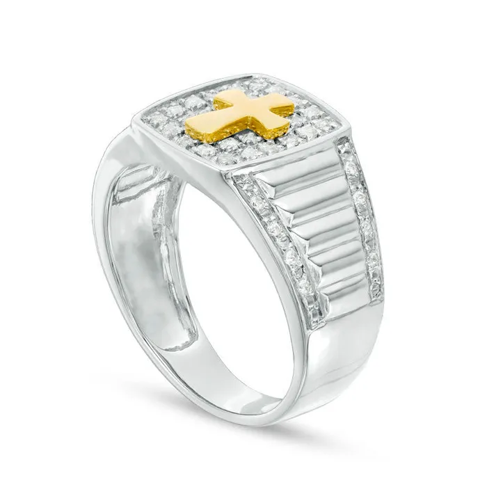 Mens 033 CT TW Natural Diamond Cross Signet Ring in Solid 10K TwoTone Gold Goldia Rings Mens 033 CT TW Natural Diamond Cross Signet Ring in Solid 10K TwoTone Gold Goldia Rings