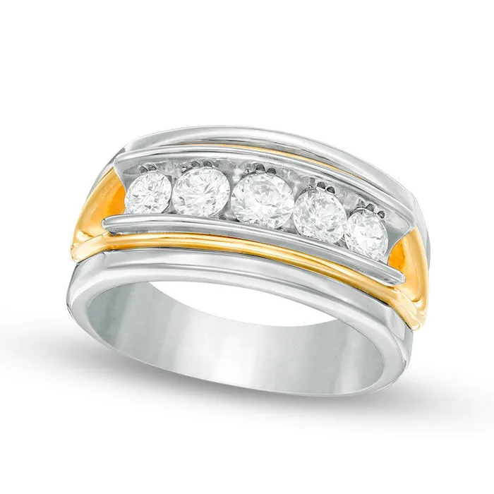 Mens 10 CT TW Natural Diamond Five Stone Wedding Band in Solid 14K TwoTone Gold Goldia Rings Mens 10 CT TW Natural Diamond Five Stone Wedding Band in Solid 14K TwoTone Gold Goldia Rings