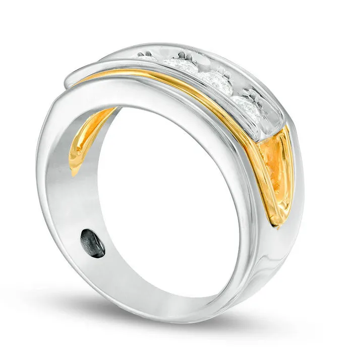 Mens 10 CT TW Natural Diamond Five Stone Wedding Band in Solid 14K TwoTone Gold Goldia Rings Mens 10 CT TW Natural Diamond Five Stone Wedding Band in Solid 14K TwoTone Gold Goldia Rings
