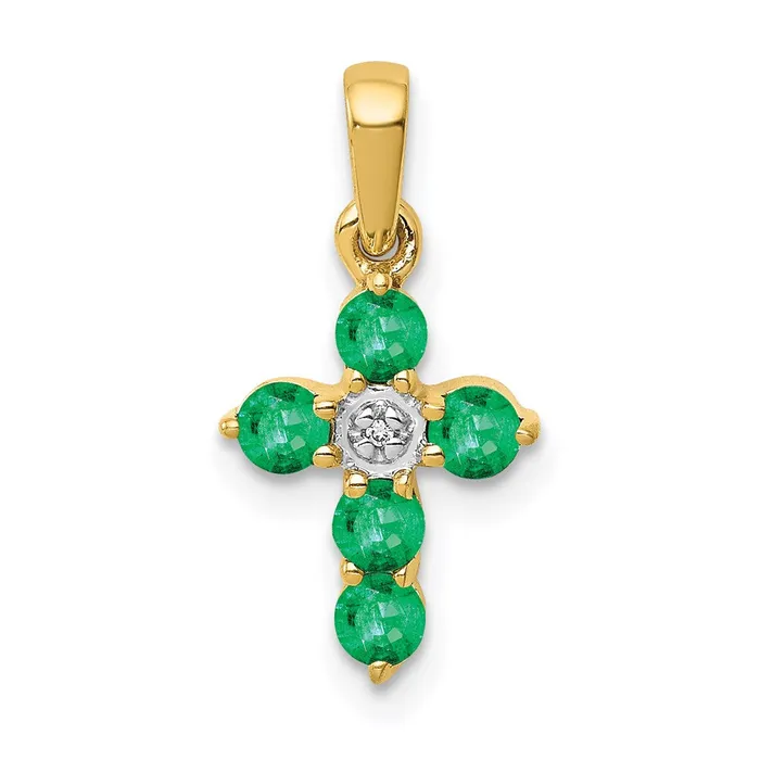 Necklaces 14K Yellow Gold Emerald and Real Diamond Cross Pendant Goldia