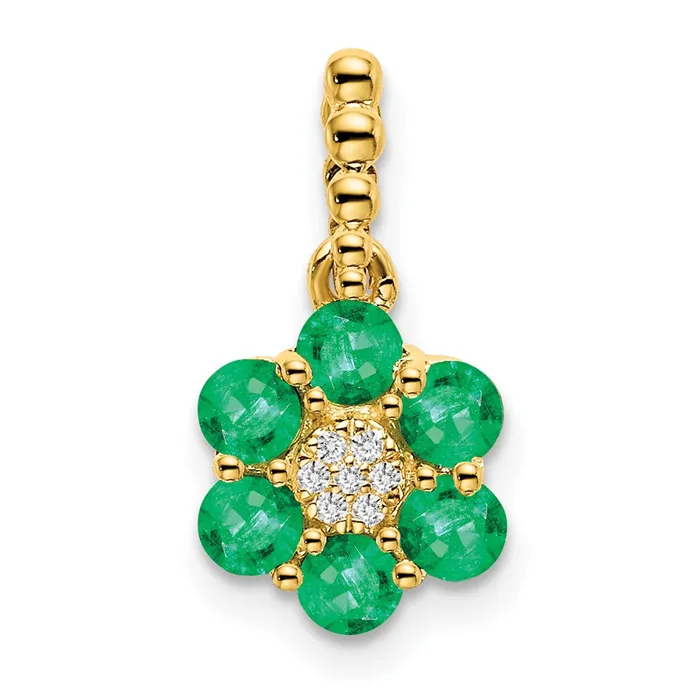 Necklaces 14K Yellow Gold Emerald and Real Diamond Floral Pendant Goldia