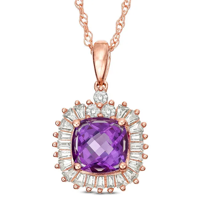 Necklaces CushionCut Amethyst and LabCreated White Sapphire Sunburst Frame Pendant in Sterling Silver with 14K Rose Gold Plate Goldia Necklaces CushionCut Amethyst and LabCreated White Sapphire Sunburst Frame Pendant in Sterling Silver with 14K Rose Gold Plate Goldia