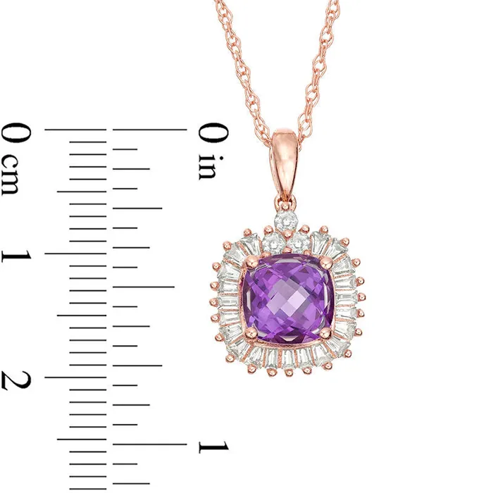 Necklaces CushionCut Amethyst and LabCreated White Sapphire Sunburst Frame Pendant in Sterling Silver with 14K Rose Gold Plate Goldia Necklaces CushionCut Amethyst and LabCreated White Sapphire Sunburst Frame Pendant in Sterling Silver with 14K Rose Gold Plate Goldia