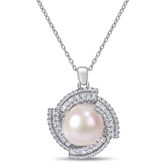 Necklaces JMS always Original AMOUR 12125 Mm Cultured Freshwater Pearl and 1 58 CT TGW Cubic Zirconia Geometric Necklace In Sterling Silver Necklaces JMS always Original AMOUR 12125 Mm Cultured Freshwater Pearl and 1 58 CT TGW Cubic Zirconia Geometric Necklace In Sterling Silver