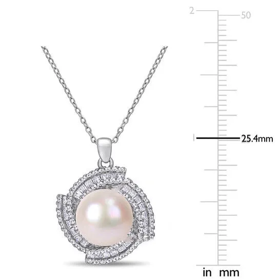 Necklaces JMS always Original AMOUR 12125 Mm Cultured Freshwater Pearl and 1 58 CT TGW Cubic Zirconia Geometric Necklace In Sterling Silver Necklaces JMS always Original AMOUR 12125 Mm Cultured Freshwater Pearl and 1 58 CT TGW Cubic Zirconia Geometric Necklace In Sterling Silver