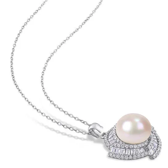 Necklaces JMS always Original AMOUR 12125 Mm Cultured Freshwater Pearl and 1 58 CT TGW Cubic Zirconia Geometric Necklace In Sterling Silver Necklaces JMS always Original AMOUR 12125 Mm Cultured Freshwater Pearl and 1 58 CT TGW Cubic Zirconia Geometric Necklace In Sterling Silver