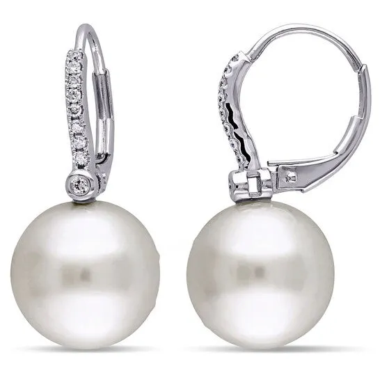 Original AMOUR 11 12 Mm South Sea Cultured Pearl and 18 CT TW Diamond Leverback Earrings In 14K White Gold JMS always Earrings Original AMOUR 11 12 Mm South Sea Cultured Pearl and 18 CT TW Diamond Leverback Earrings In 14K White Gold JMS always Earrings