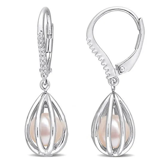 Original AMOUR 775mm Freshwater Cultured Pearl and Diamond Accent Pearl Leverback Earrings In Sterling Silver JMS always Earrings