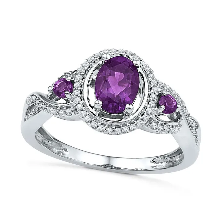 Oval Amethyst and 020 CT TW Natural Diamond Three Stone Ring in Sterling Silver Goldia Rings Oval Amethyst and 020 CT TW Natural Diamond Three Stone Ring in Sterling Silver Goldia Rings
