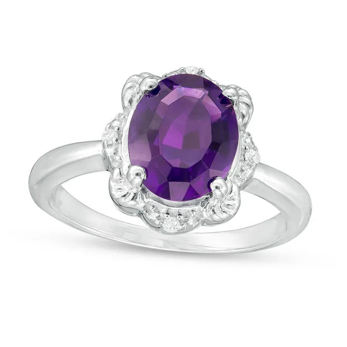 Oval Amethyst and Natural Diamond Accent Scallop Frame Ring in Sterling Silver Goldia Rings Oval Amethyst and Natural Diamond Accent Scallop Frame Ring in Sterling Silver Goldia Rings