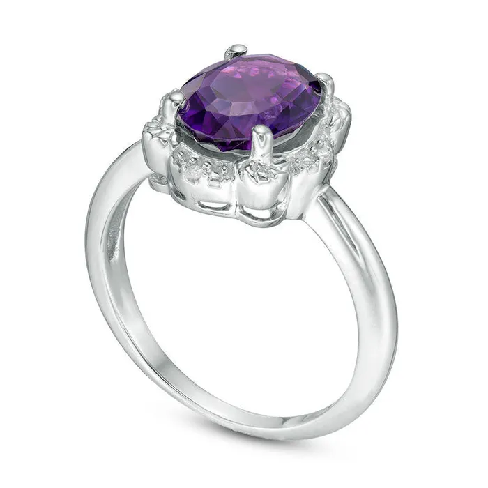 Oval Amethyst and Natural Diamond Accent Scallop Frame Ring in Sterling Silver Goldia Rings Oval Amethyst and Natural Diamond Accent Scallop Frame Ring in Sterling Silver Goldia Rings
