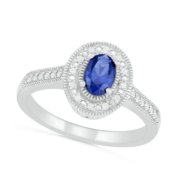 Oval Blue LabCreated Sapphire and 005 CT TW Diamond Frame Antique VintageStyle Ring in Sterling Silver Goldia Rings Oval Blue LabCreated Sapphire and 005 CT TW Diamond Frame Antique VintageStyle Ring in Sterling Silver Goldia Rings